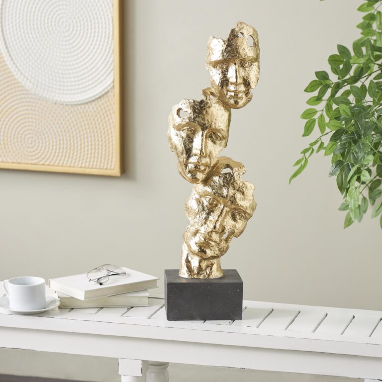 Gold Polystone Mask Stacked Face Cutout Decorative Sculpture with Black Block Base
