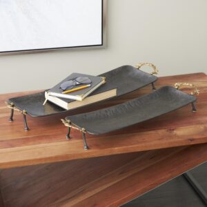 Black Metal Leaf Textured Curved Living Room Decor Tray with Elevated Feet and Gold Scroll Vine Handles