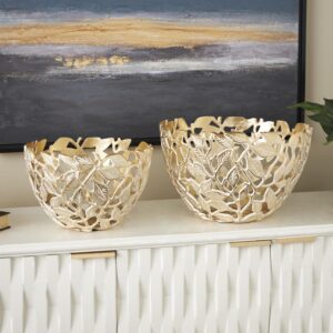Gold Aluminum Metal Leaf Decorative Bowl with White Detailing