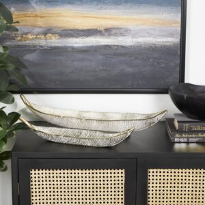 Silver Aluminum Metal Leaf Slim Carved Decorative Bowl with Gold Metallic Accents