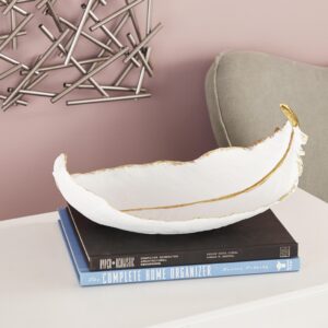 White Polystone Bird Curved Feather Decorative Bowl with Gold Accents