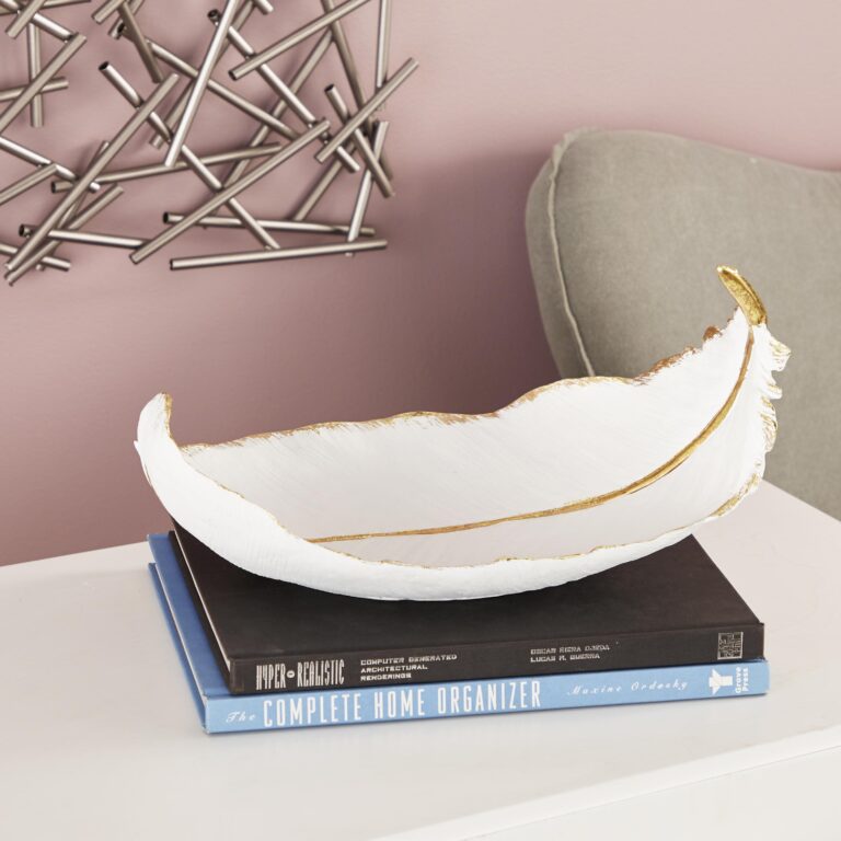 White Polystone Bird Curved Feather Decorative Bowl with Gold Accents