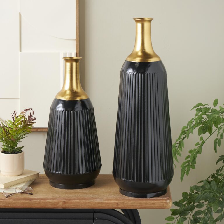 Black Metal Tall Ribbed Decorative Vase with Gold Tops