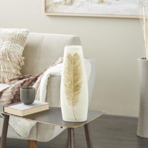 Cream Polystone Leaf Decorative Vase with Gold Leaf Relief