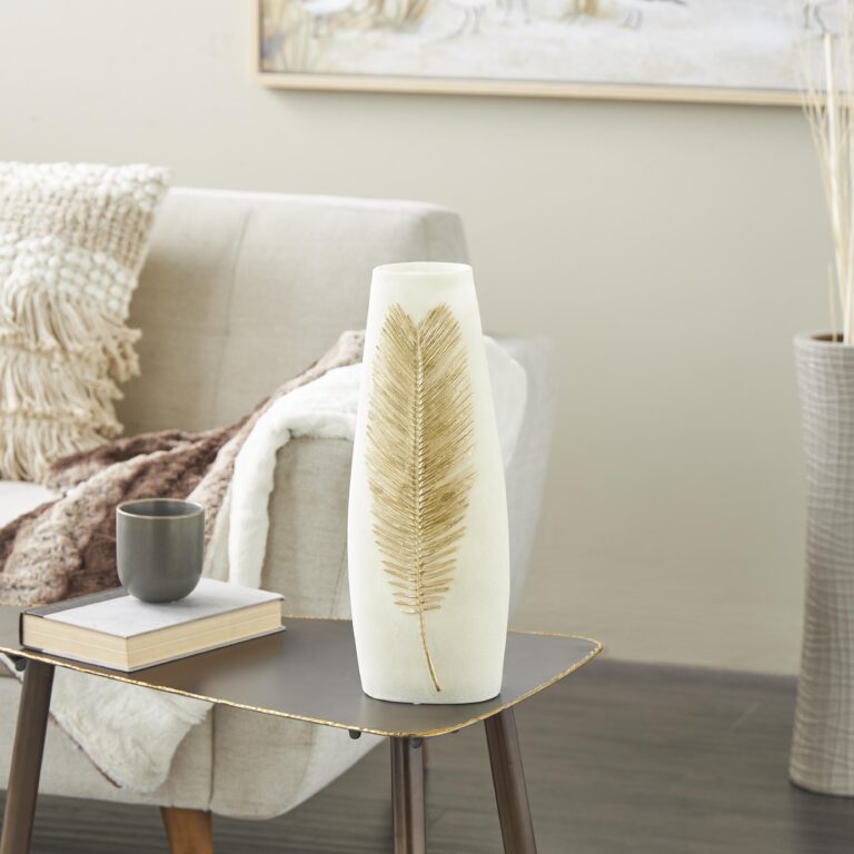 Cream Polystone Leaf Decorative Vase with Gold Leaf Relief