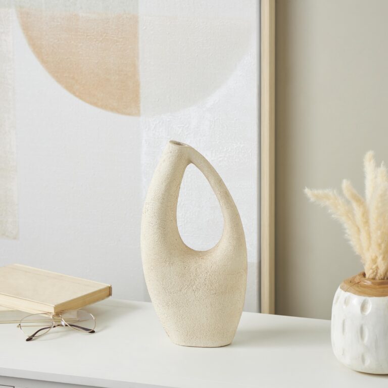 Cream Paper Mache Abstract Curved Cutout Decorative Vase with Brown Distressed Texturing