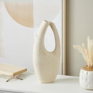 Cream Paper Mache Abstract Curved Cutout Decorative Vase with Brown Distressed Texturing