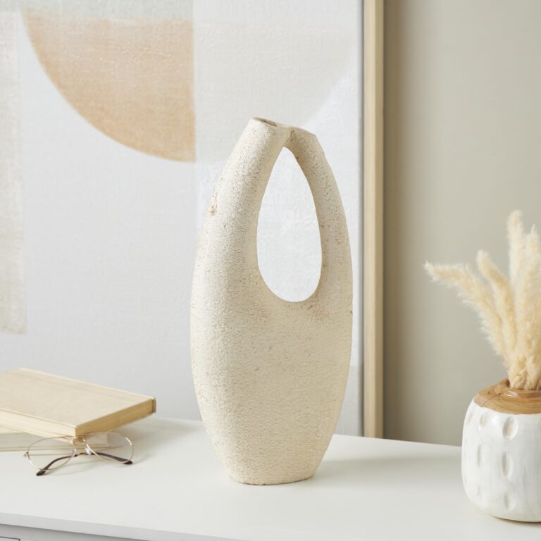 Cream Paper Mache Abstract Curved Cutout Decorative Vase with Brown Distressed Texturing