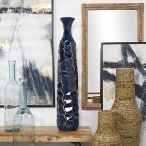 Teal Ceramic Geometric Tall Geometric Floor Decorative Vase with Gold Accents