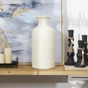 Cream Ceramic Geometric Textured Decorative Vase with Checkered Pattern