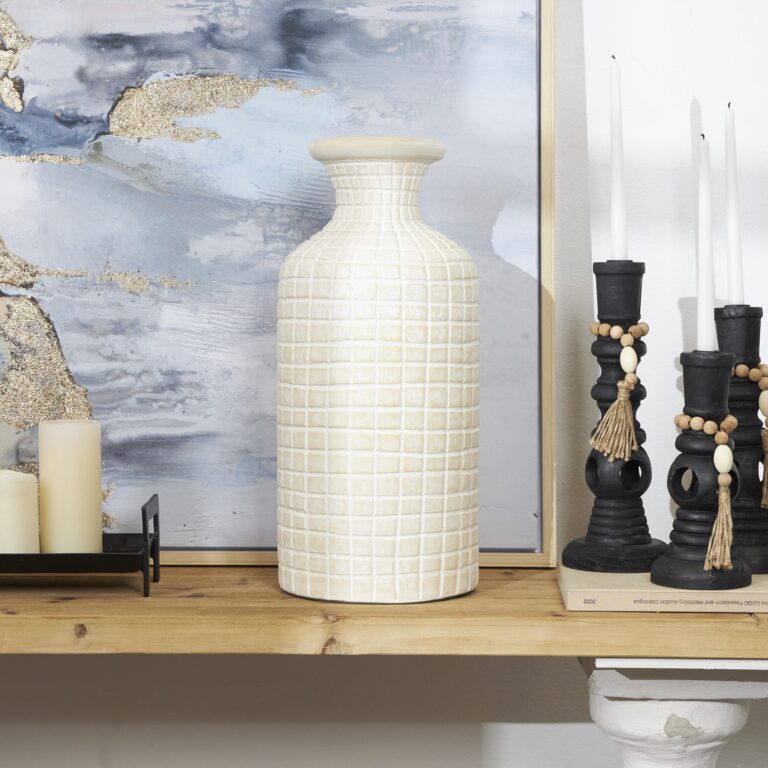 Cream Ceramic Geometric Textured Decorative Vase with Checkered Pattern