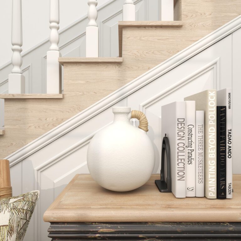 White Ceramic Jug Inspired Decorative Vase with Rattan Wrapped Handle