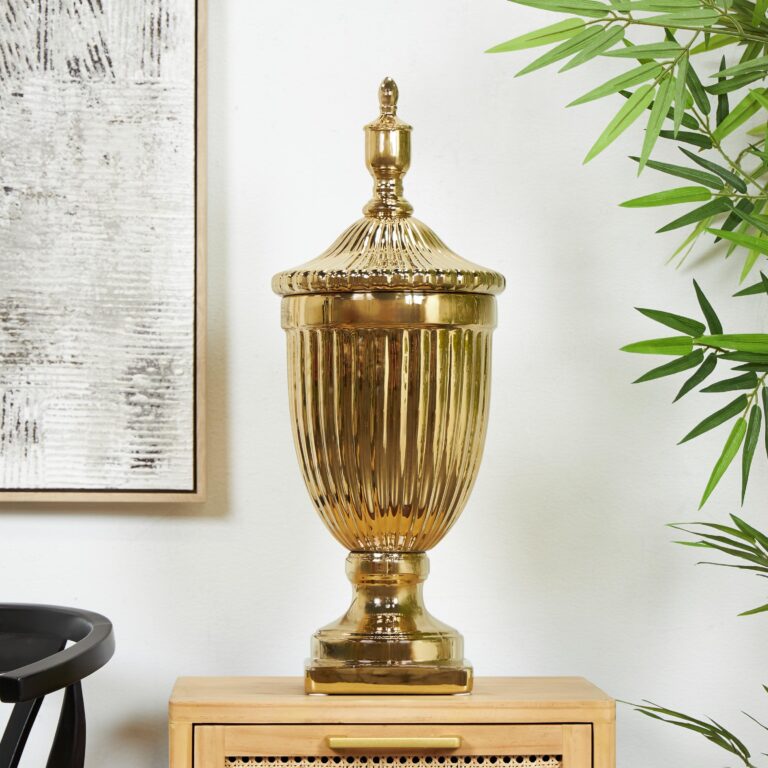 Gold Ceramic Tall Living Room Decorative Jars with Grooves and Lid