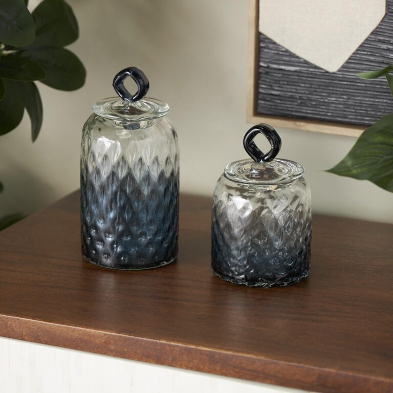 Dark Blue Glass Geometric Faceted Ombre Living Room Decorative Jars with Diamond Knobs