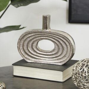 Silver Aluminum Metal Nautical Circular Decorative Vase with Linear Etchings