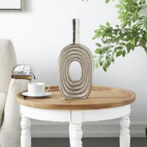 Silver Aluminum Metal Nautical Circular Decorative Vase with Linear Etchings