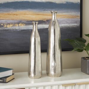 Silver Aluminum Metal Decorative Vase with Wavy Accents and Textured Ridges
