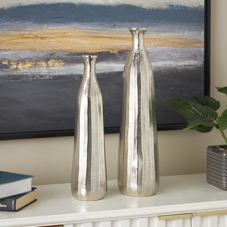 Silver Aluminum Metal Decorative Vase with Wavy Accents and Textured Ridges