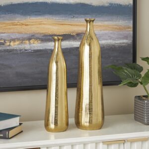 Gold Aluminum Metal Decorative Vase with Wavy Accents and Textured Ridges