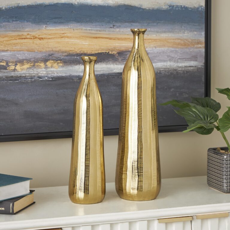 Gold Aluminum Metal Decorative Vase with Wavy Accents and Textured Ridges