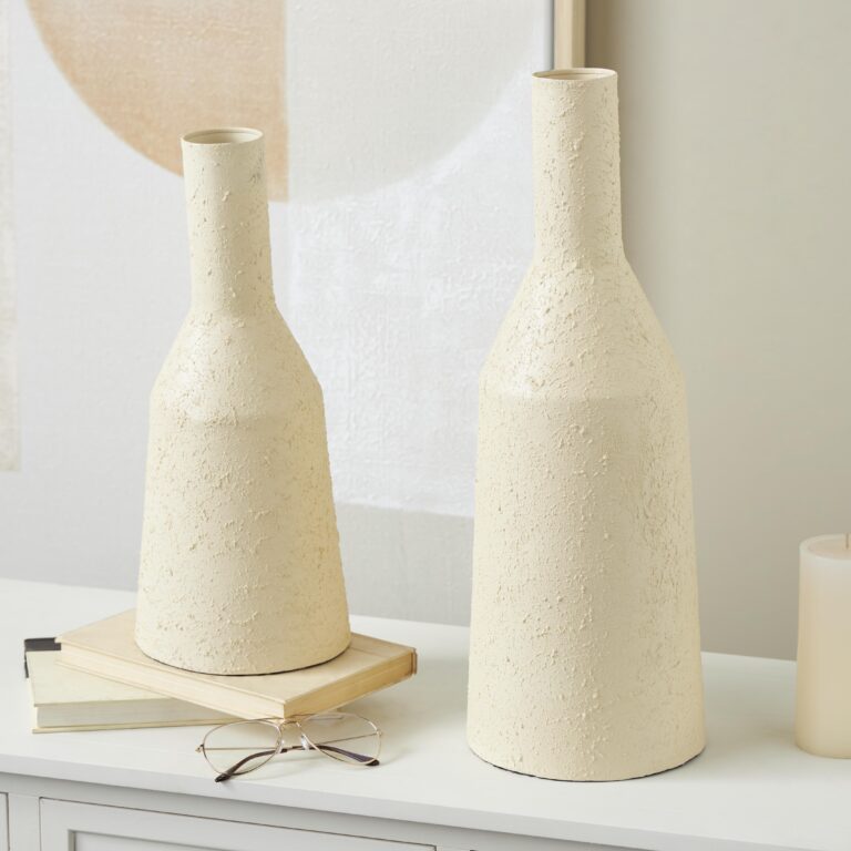 Cream Metal Fluted Distressed Textured Decorative Vase