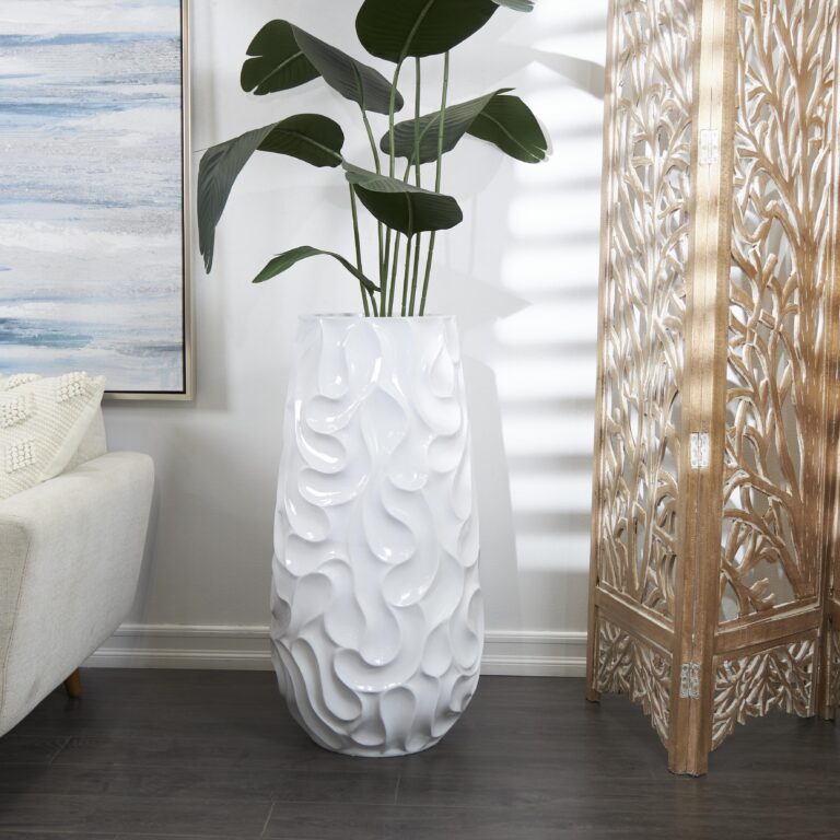 White Resin Large Wavy Textured Floor Decorative Vase