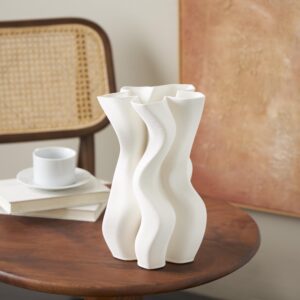 White Ceramic Abstract Ribbed Dimensional Wavy Decorative Vase with Floral Shaped Rim