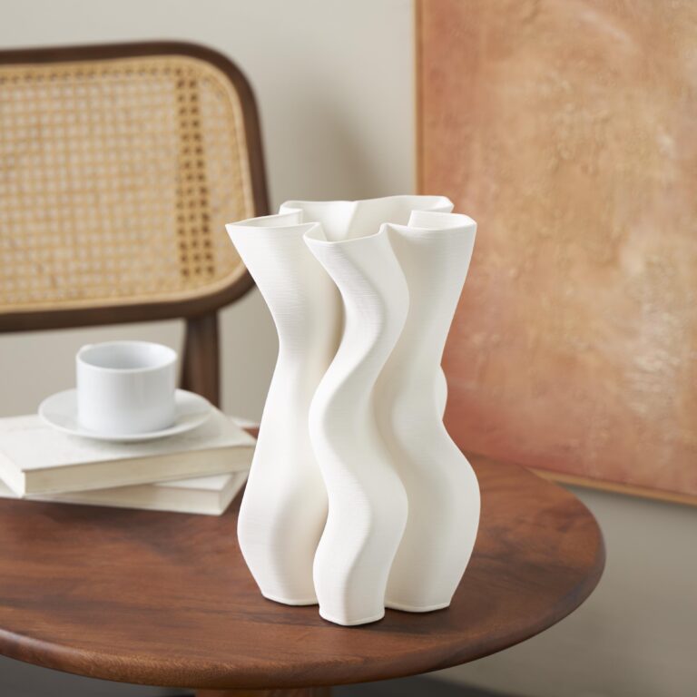 White Ceramic Abstract Ribbed Dimensional Wavy Decorative Vase with Floral Shaped Rim
