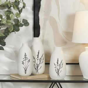 White Ceramic Floral Decorative Vase with Black Lavender Prints