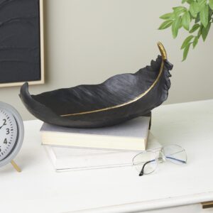 Black Resin Bird Feather Decorative Bowl with Gold Accents