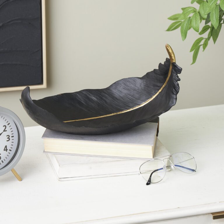 Black Resin Bird Feather Decorative Bowl with Gold Accents