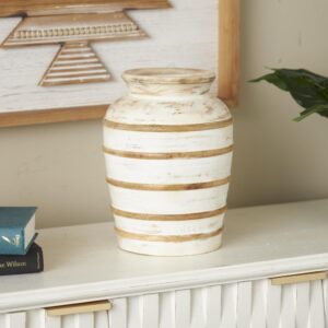 Brown Mango Wood Distressed Decorative Vase with Horizontal Ridges
