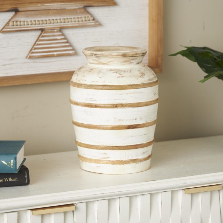 Brown Mango Wood Distressed Decorative Vase with Horizontal Ridges