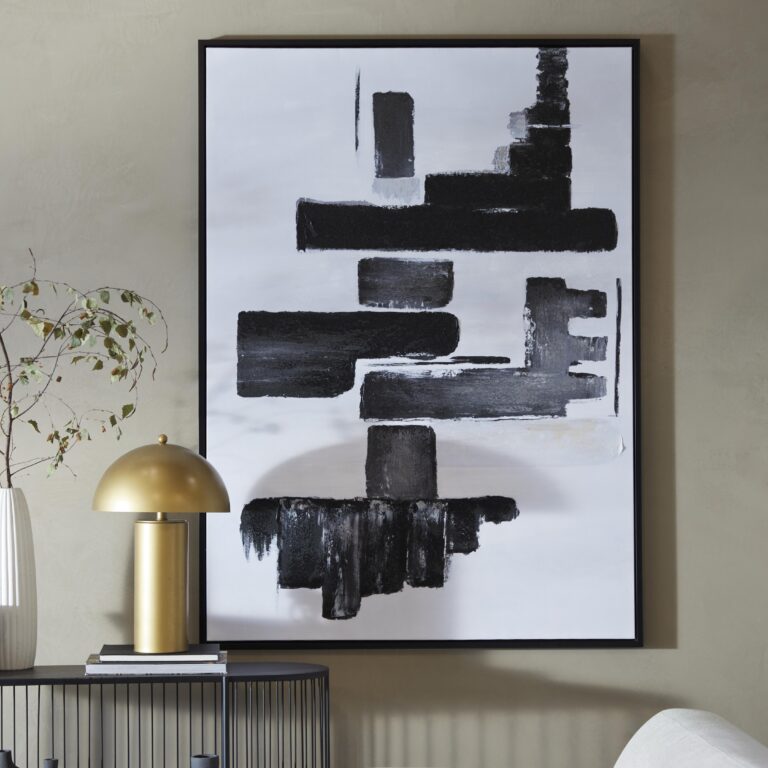 Black Canvas Abstract Lines and Shapes Living Room Framed Wall Art with Black Frame