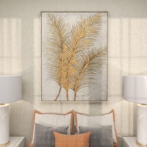 Gold Canvas Leaf Living Room Framed Wall Art with Silver Frame