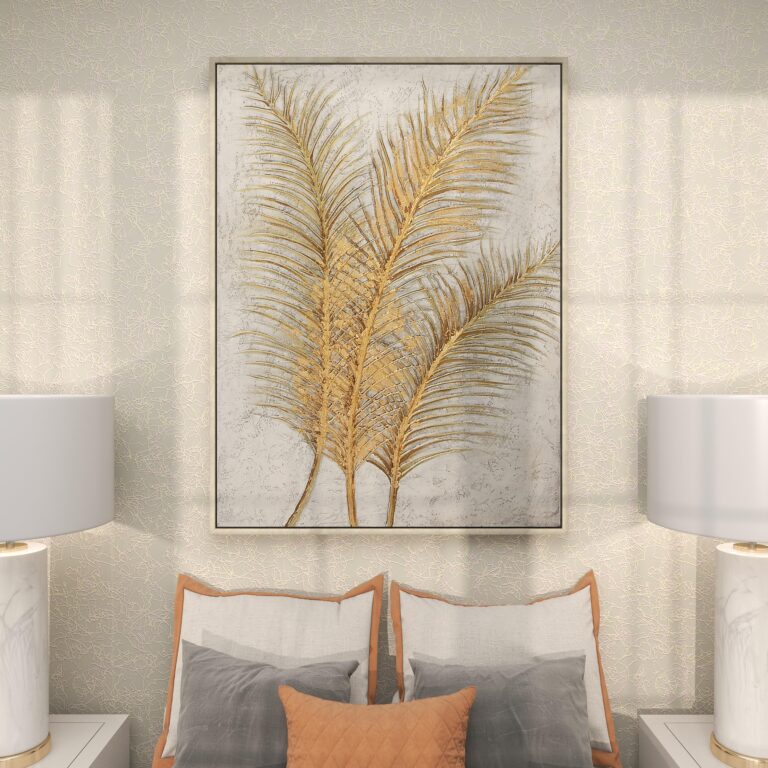 Gold Canvas Leaf Living Room Framed Wall Art with Silver Frame