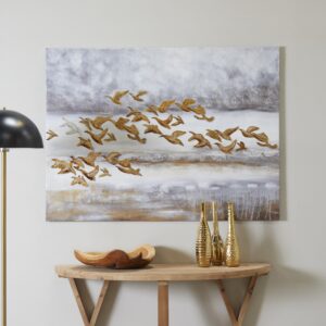 Gold Canvas Bird Living Room Framed Wall Art with Silver Frame