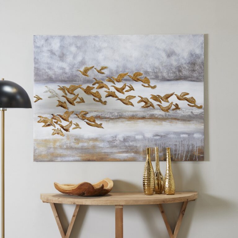 Gold Canvas Bird Living Room Framed Wall Art with Silver Frame