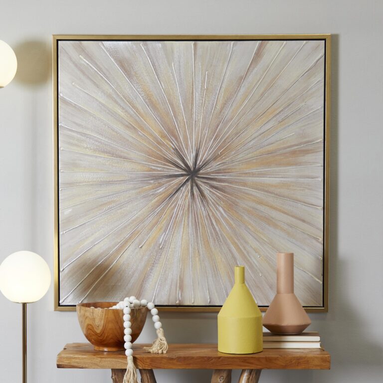 Brown Canvas Starburst Radial Living Room Framed Wall Art with Gold Frame