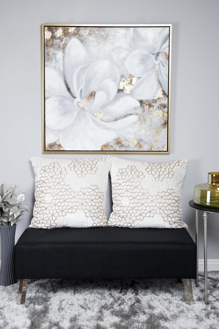 White Canvas Floral Handmade Living Room Framed Wall Art with Gold Frame