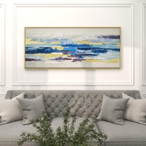 Blue Canvas Abstract Long Horizontal Living Room Framed Wall Art with Gold Foil Accents