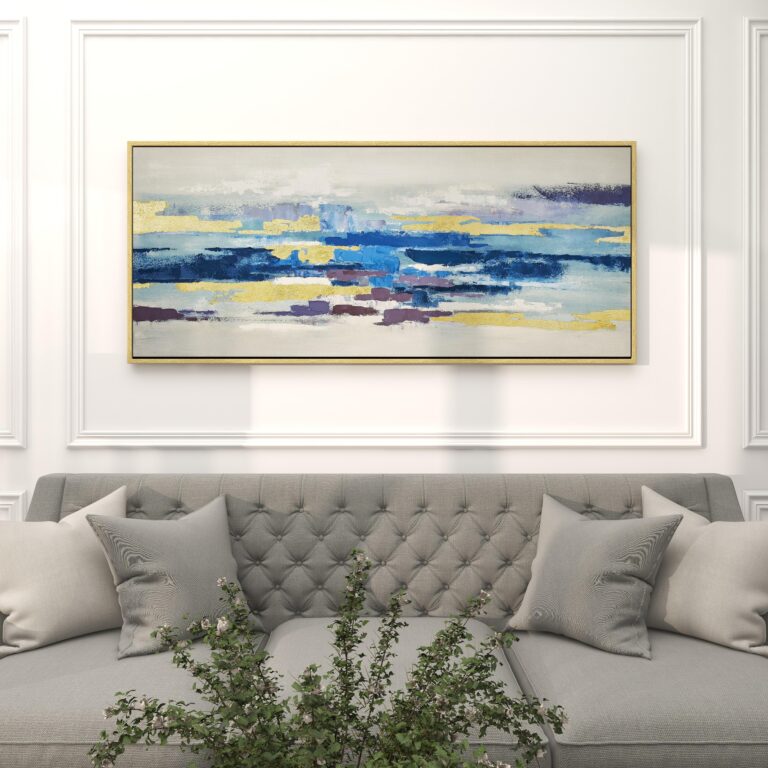 Blue Canvas Abstract Long Horizontal Living Room Framed Wall Art with Gold Foil Accents