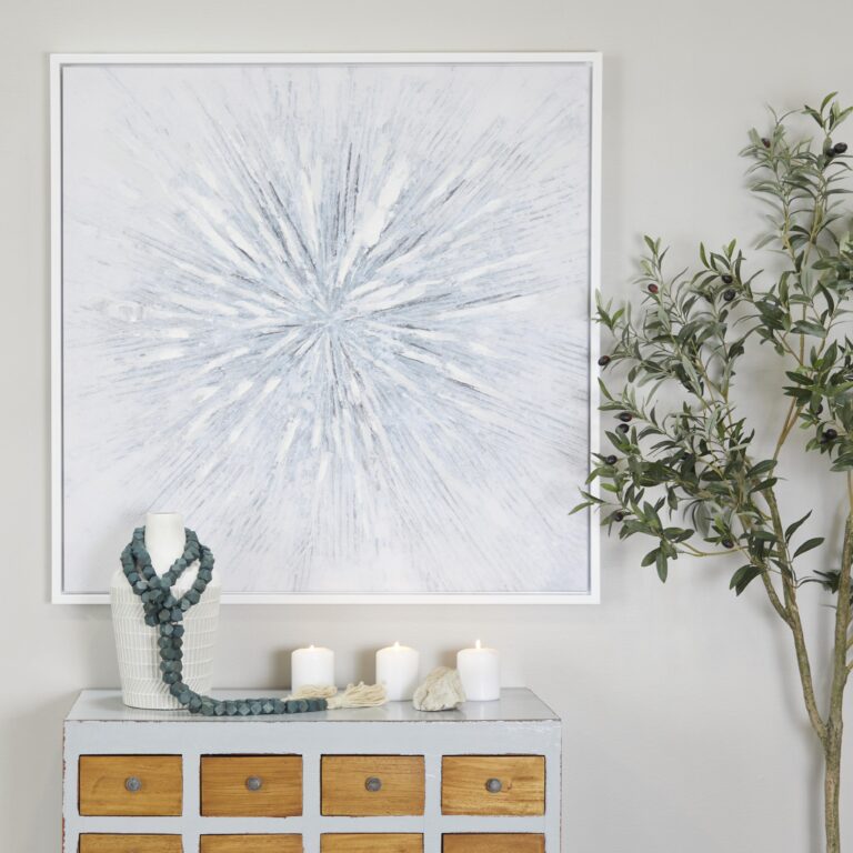 White Canvas Starburst Radial Living Room Framed Wall Art with Silver Frame