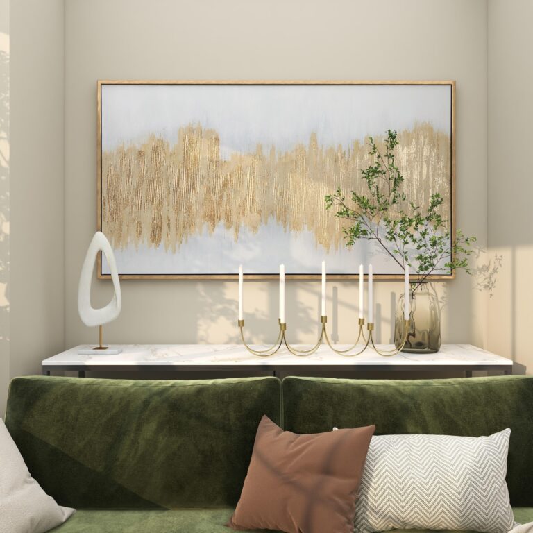 Gold Canvas Abstract Long Horizontal Living Room Framed Wall Art with Glitter Flakes and Cream Backing