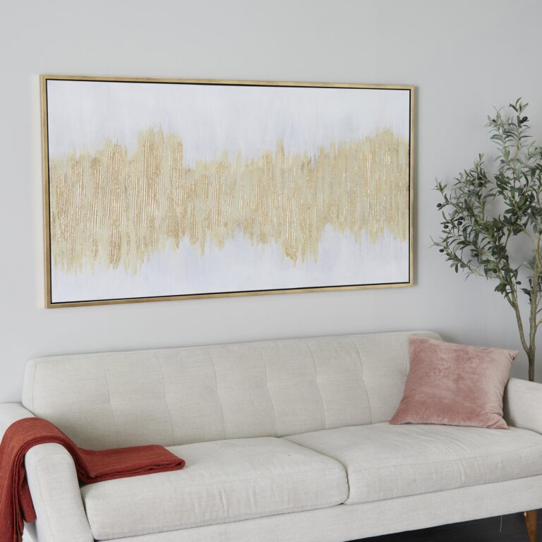 Gold Canvas Abstract Long Horizontal Living Room Framed Wall Art with Glitter Flakes and Cream Backing