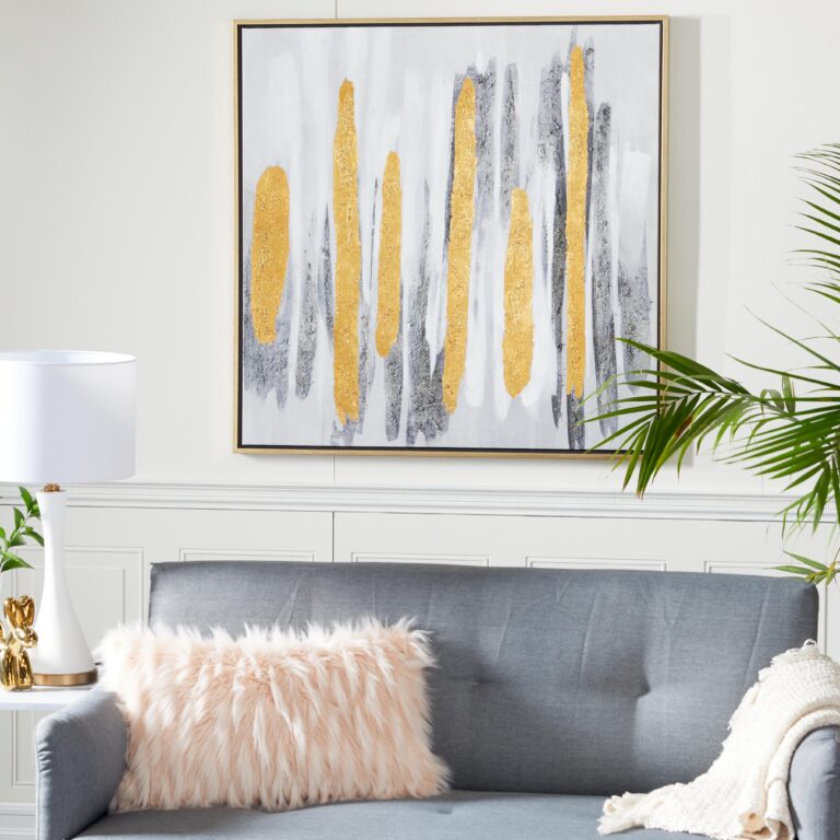 Gray Canvas Abstract Living Room Framed Wall Art with Gold Frame