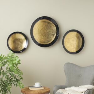 Gold Metal Abstract 3D Circular Disk Home Wall Decor with Black Rims, 3 sizes