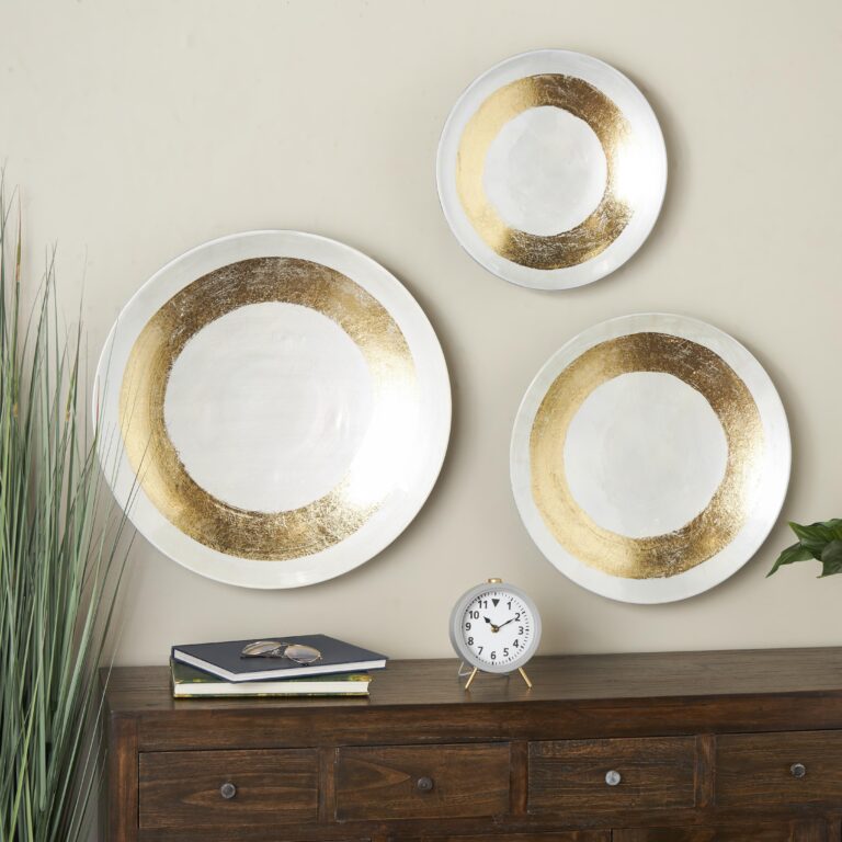 White Metal Abstract 3D Circular Disk Home Wall Decor with Gold Accents, 3 sizes