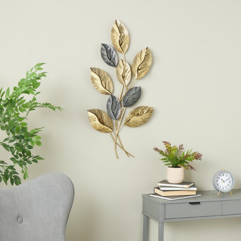 Gold Stainless Steel Metal Leaf Layered Home Wall Decor with Black Accents