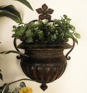 Brown Metal Scroll Small Indoor Outdoor Wall Planter with Flower Accent